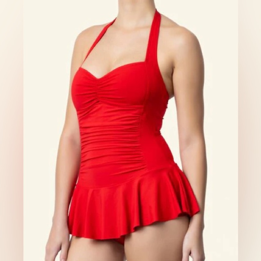 Red Halter Swimsuit One Piece with attached Skirt